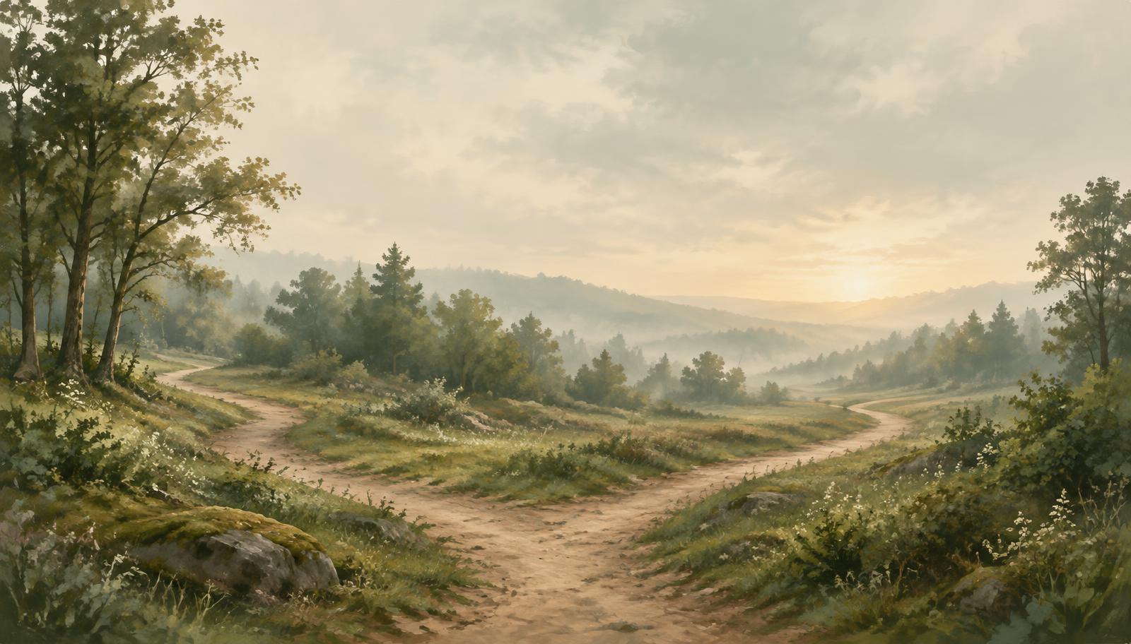 Softly lit woodland paths winding through morning mist toward a gentle horizon
